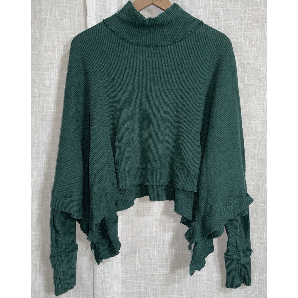We‎ The Free Women's XL Moon Daisy Turtleneck Rib Top Green Shirt Ruffle Crop
